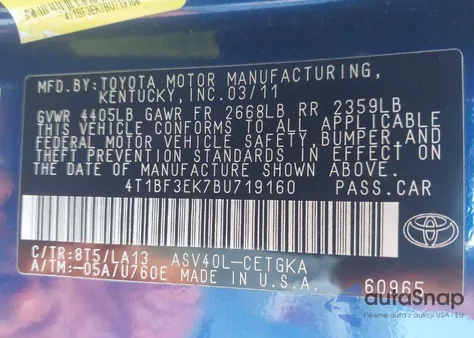 2011 Toyota Camry Xle z USA, uszkodzony, nr VIN 4T1BF3EK7BU719160